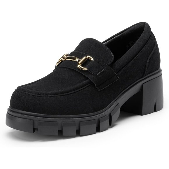 Dream Pairs Women Black Platform Chunky Heeled Slip On Loafers with Horsebit - Picture 1 of 8